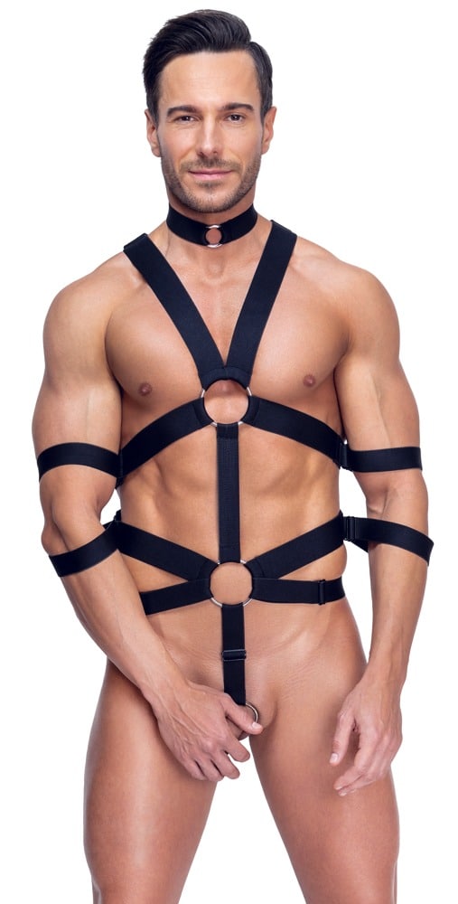 ORION empfiehlt Harness mit Cockring & Hals- und Armfesseln