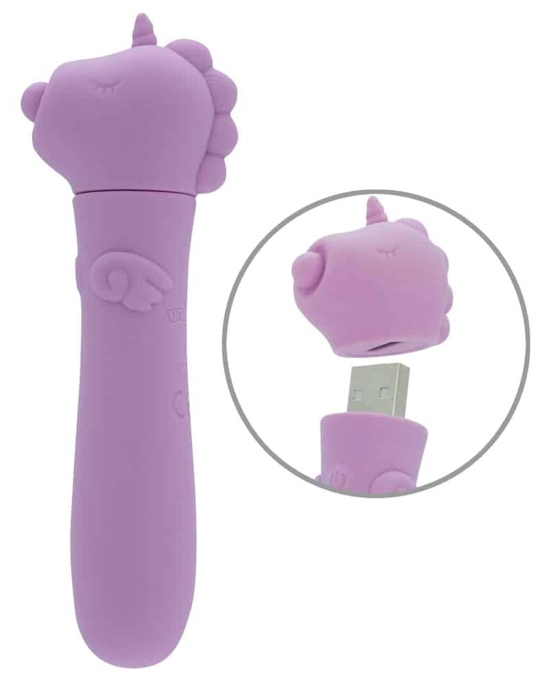 Unihorn Minivibrator mit USB-Stecker unter’m Einhorn-Köpfchen
